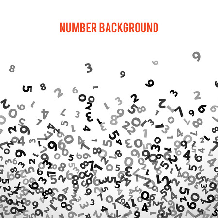 Abstract math number background. Vector illustration for business design. Black white colors. Random sign flying border frame. School sheet. Numeral count concept. Algebra decoration. Report coverのイラスト素材