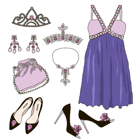 Woman wardrobe accessories set. Collection of princess purple dresses, bags, shoes and accessories. Fashion boutique poster. Vector illustration, isolated on background. Modern clothes for a partyのイラスト素材