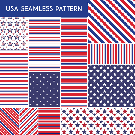 Patriotic red, white, blue geometric seamless patterns. Vector illustration set with American symbols. USA flag wallpapers. Diagonal stripe, star shape. Happy Independence Day 4th of July.のイラスト素材