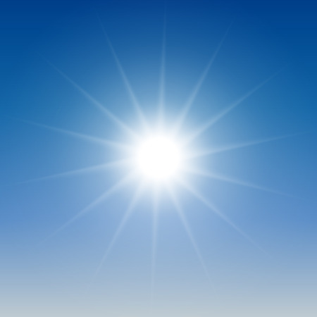 White glowing light burst sun on blue sky background. Vector illustration for cool effect decoration with ray sparkles. Bright star. Transparent shine gradient glitter, bright flare. Glare texture.のイラスト素材