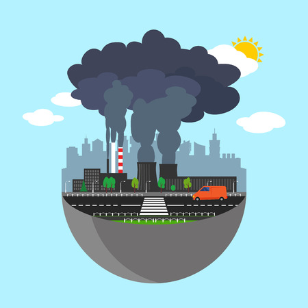 Industry earth concept. Vector illustration for global industrial. Flat cartoon. City building planet. World factory on blue sky. Plant isolated. Smoke, smog production. Pollution manufacturing sign.のイラスト素材
