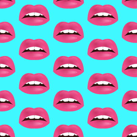 Glamour seamless lip pattern. Vector illustration for fashion design. Passion endless cartoon realistic shiny female mouth isolated on retro blue background. Bright red makeup kiss markのイラスト素材