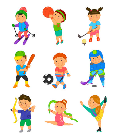 Cartoon sport kids. Vector illustration for children game design. Boy, girl isolated on white background. Set of cute bright school child clip art. Football soccer gymnastics hockey basketball golfのイラスト素材