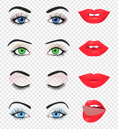 Beauty female eye and lip isolated on transparent background Vector illustration fashion design Girl face detail Beautiful makeup cosmetic Sexy pretty women lady Mouth eyebrow smile browのイラスト素材