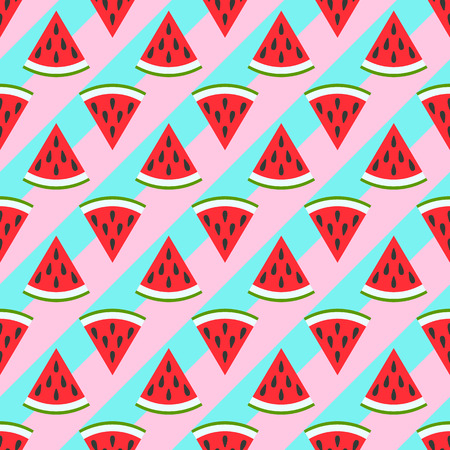 Cute seamless watermelon pattern on green background. Vector illustration for sweet summer fruit...