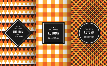 Autumn seamless patterns. Vector illustration for fall decoration. Orange, white, black colors. Set of geometric textile texture background. Bright halloween thanksgiving frame label invitation paperのイラスト素材