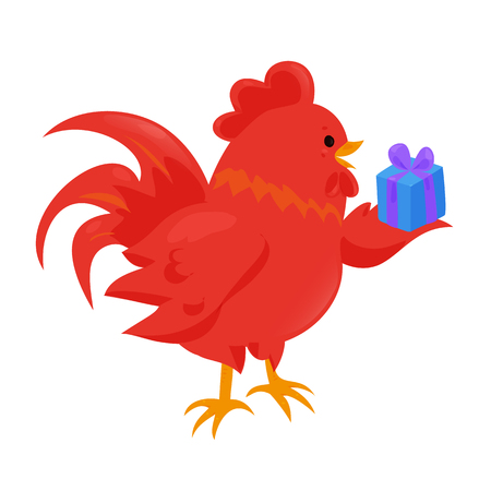 Cartoon chinese zodiac fire rooster. Vector illustration for holiday design. 2017 New year symbol. Red color. China lunar decoration. Oriental sign. Traditional cock. Crowing chicken bird.のイラスト素材