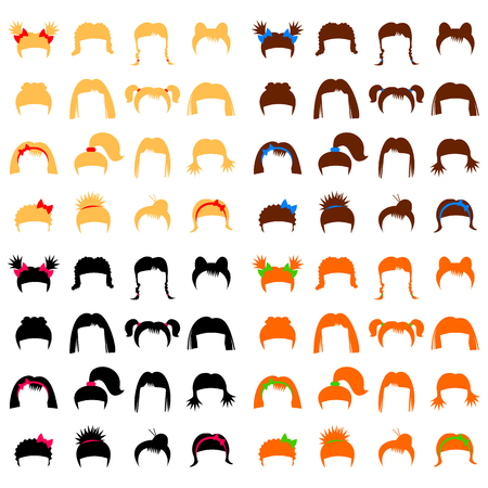 Hairdresser set isolated on white background. Collection of of woman hair styling. Women hairstyle. Different kinds of hairdress for girl. Vector illustration. Redhead, blonde, brunette, brownのイラスト素材