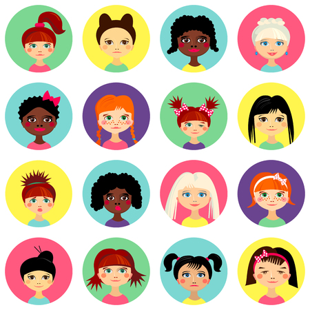 Multinational female face avatar profile heads with multi colored hair. Girls with different hairstyles. Flat design icons isolated on white background. Women close up portraits. Vector illustrationのイラスト素材