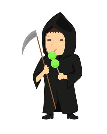 Cute cartoon kid in halloween costume isolated on white background. Vector illustration for holiday design. Funny child. Character october party. Boy in black deathのイラスト素材