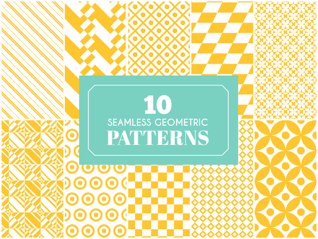Vintage different vector seamless patterns. Endless texture for wallpaper, fill, web page background, surface texture. Set of monochrome geometric ornament. Yellow and white shabby colors.のイラスト素材