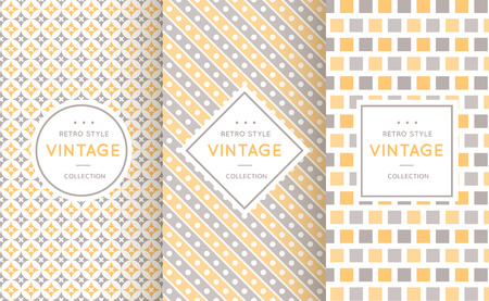 Soft different vector seamless patterns. Endless texture for wallpaper, fill, web page background, texture. Set of delicate geometric ornament. Yellow, grey and white shabby colorsのイラスト素材