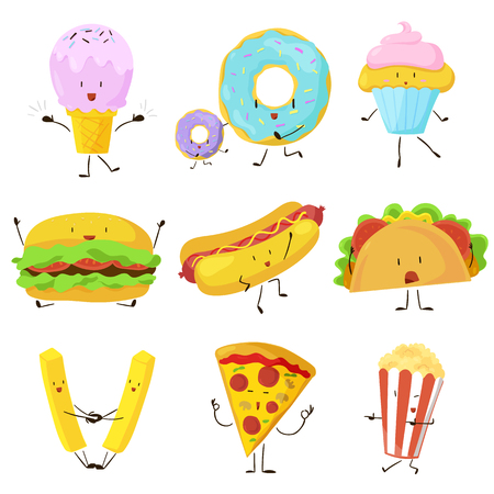 Funny fast food icons set. Vector illustration for restaurant menu design. Burger, hot dog, sandwich, french fries potato, pizza, popcorn, donut, ice cream, cupcake cartoon comic characterのイラスト素材