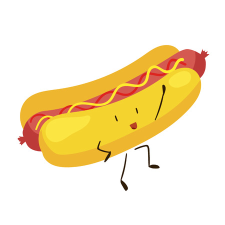 Funny fast food hot dog icon. Vector illustration for restaurant menu design. Hotdog cartoon comic character. Sausage, mustard, bunery isolated on white background. American unhealthy diet lunchのイラスト素材