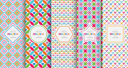 Bright colorful seamless patterns baby style. Vector illustration children background. Funny crazy kids paint. Happy geometry shapes. Set of ornament for gretting card, invitation.のイラスト素材