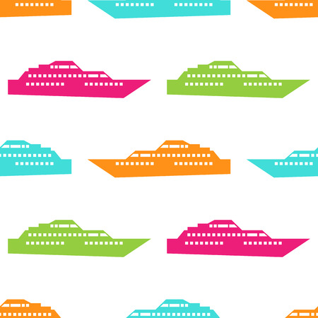 Ship seamless pattern. Vector illustration for nautical design. Bright yacht, ship, sailboat transport pattern. Marine sea boat wallpaper background. Cartoon silhouette shape wrapping patternのイラスト素材