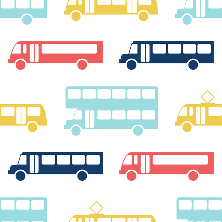 Retro bus seamless pattern. Vector illustration for transport design. Bright vehicle pattern. Bus wallpaper background. Cartoon silhouette shape. Transportation school bus shape wallpaper patternのイラスト素材