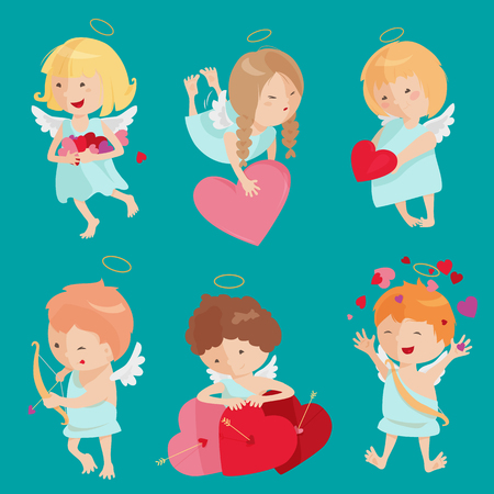 Cute angel isolated on white background. Vector illustration for cartoon holiday design. Set of child children baby kid. Happy valentine day cupid. Romantic couple icons. Red heart, arrow, bow, haloのイラスト素材