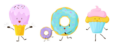 Cute sweet cartoon food icons set. Vector illustration for restaurant dessert menu design. Doughnut, ice cream, cupcake, bakery cake, muffin, delicious pastry cartoon icon on white backgroundのイラスト素材