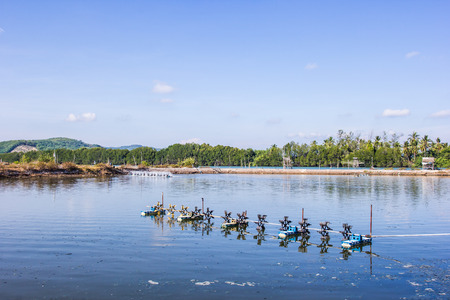 The aeration turbines in the shrimp farm for fresh waterの写真素材