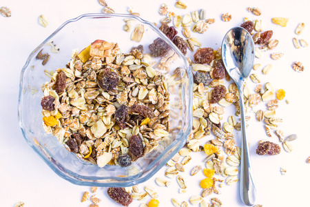 Granola cereal with raisins and nutsの写真素材