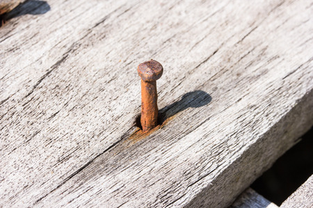 Close up of old nail in woodの写真素材