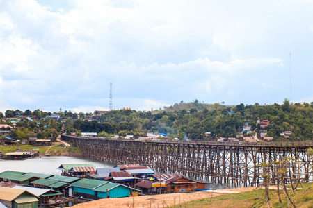 KANCHANABURI, THAILAND - APIRL8, 2012: Saphan Mon or Mon Bridge, the longest handmade wooden bridge in Thailand.のeditorial素材