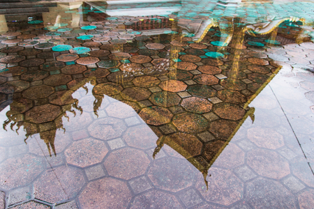 Reflection of temple in the flood waterの写真素材