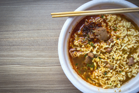 Instant noodles with meat.の写真素材