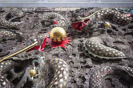 NANTOU, TAIWAN - OCT010, 2016: Beautiful walls sculptures of Wenwu at Wenwu Temple in Puli County nearby Sun Moon Lake National Scenic Area, Yuchi Township, Nantou County, Taiwan (R.O.C.).のeditorial素材
