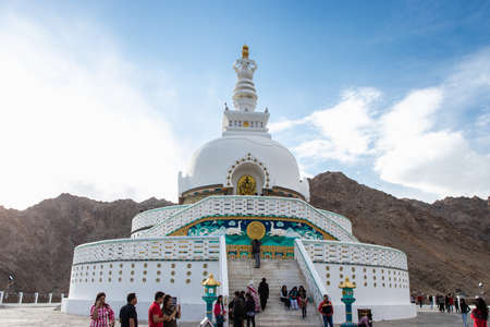 LEH LADAKH, INDIA - JUN16, 2018: Tourist travel to visit white stupa that named Shanti stupa in Leh Ladakh, Jammu and Kashmir.のeditorial素材