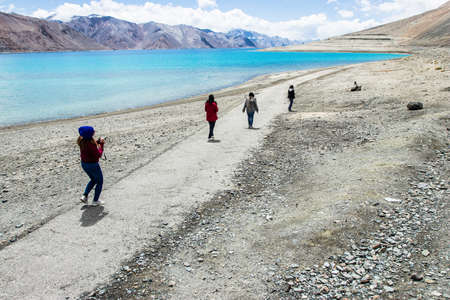LEH LADAKH, INDIA - JUN19, 2018: Tourist travel to play himalayan snow mountains in Leh Ladakh, Indiaのeditorial素材