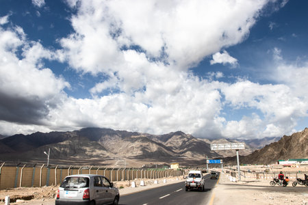 LEH, INDIA - JUN16, 2019: Landscape view of rural road on Leh highway with mountain and sky background in Leh - Ladakh northern of Indiaのeditorial素材