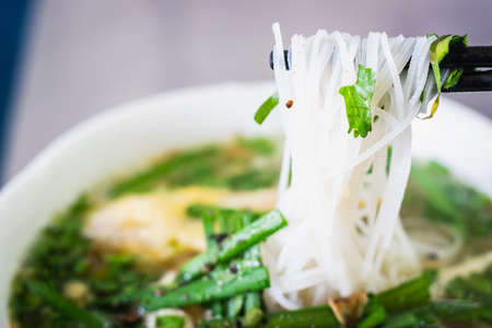 Close up of Vietnam noodle soup  with chicken, herb, Poho Ga.の写真素材