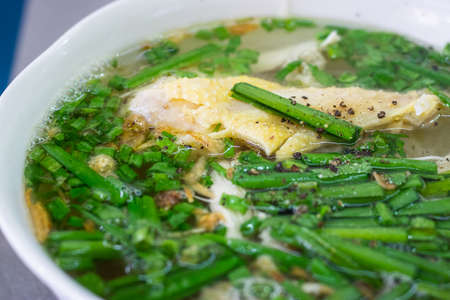 Close up of Vietnam noodle soup  with chicken, herb, Poho Ga.