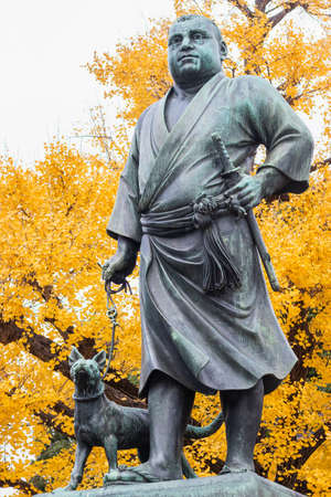 TOKYO, JAPAN - DEC7, 2018: Saigo Takamori statue on yellow maple leaves background at Ueno Park. One of the most influential samurai in all of Japan.のeditorial素材