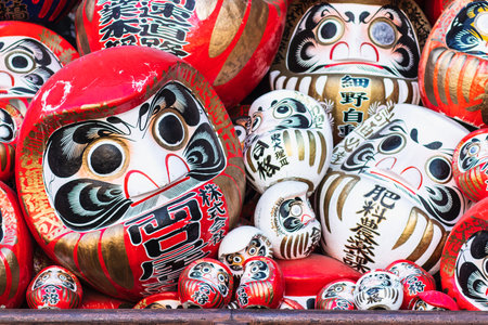 TAKASAKI, GUMMA, JAPAN - DEC8, 2018: A stack Daruma or japanese lucky dolls in Shorinzan Darumaji Temple, Takasaki, Gumma, Japan.のeditorial素材