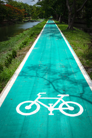 Sign and symbol of bicycle way for bike, green way, a path at the parkの写真素材