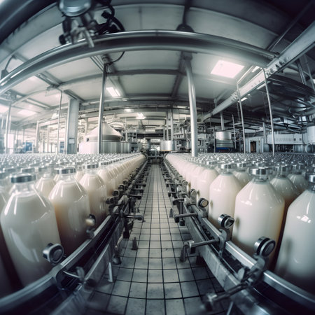 Milk bottles on automatic travel or conveyor belt in pasteurized cow milk factory, AI Generated, Generative AIの素材