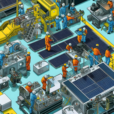 A bustling factory floor with workers in safety gear operating machinery and assembling solar cell components. AI Generated, Generative AIの素材