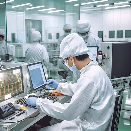 Quality control station within the factory, where technicians are inspecting solar cell components for defects. AI Generated, Generative AI.の素材