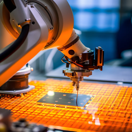 Close-up of a robotic arm in the factory delicately placing silicon wafers onto a production line. high-tech nature of solar cell manufacturing. AI Generated, Generative AIの素材