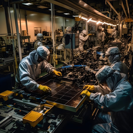 A bustling factory floor with workers in safety gear operating machinery and assembling solar cell components. AI Generated, Generative AIの素材