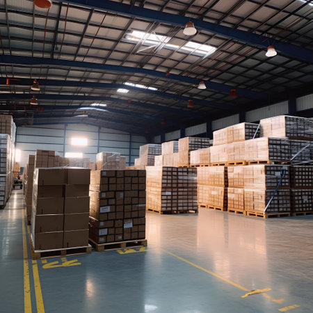 A warehouse within the factory filled with neatly stacked boxes containing solar cell parts. The image conveys the organization and logistics involved. AI Generated, Generative AI.の素材