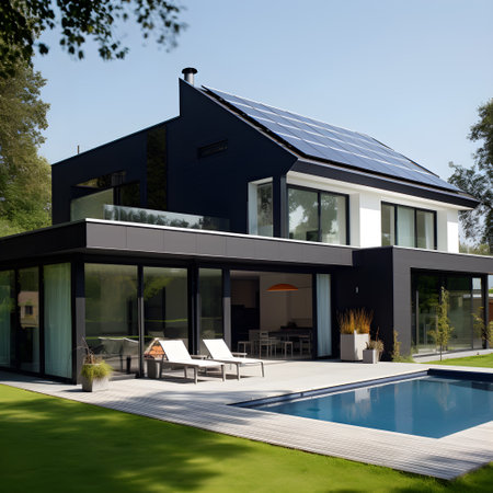 Modern suburban house with solar panels installed on its roof. The panels are sleek and black, seamlessly integrated into the design of the house. AI Generated, Generative AI.の素材