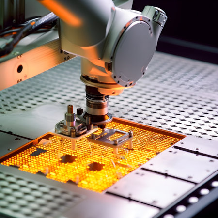 Close-up of a robotic arm in the factory delicately placing silicon wafers onto a production line. high-tech nature of solar cell manufacturing. AI Generated, Generative AIの素材