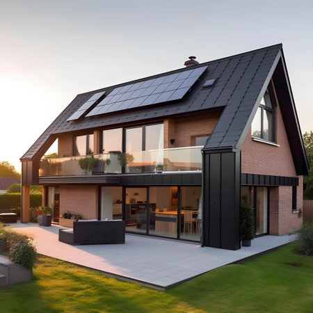 Modern suburban house with solar panels installed on its roof. The panels are sleek and black, seamlessly integrated into the design of the house. AI Generated, Generative AI.の素材