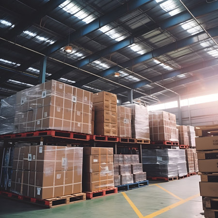 A warehouse within the factory filled with neatly stacked boxes containing solar cell parts. The image conveys the organization and logistics involved. AI Generated, Generative AI.の素材