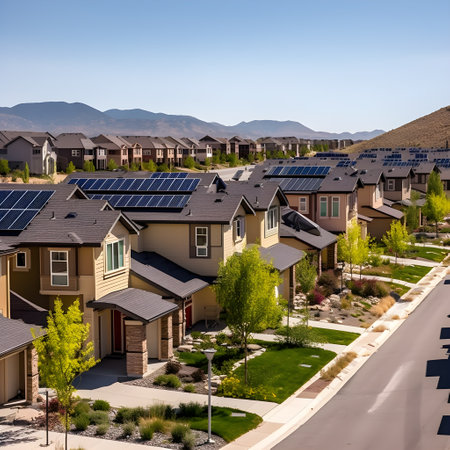 Residential neighborhood where every house has solar panels on its roof. The image captures a sunny day, and the rooftops are adorned with rows of solar panels. AI Generated, Generative AI.の素材