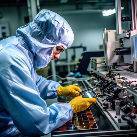 Quality control station within the factory, where technicians are inspecting solar cell components for defects. AI Generated, Generative AI.の素材
